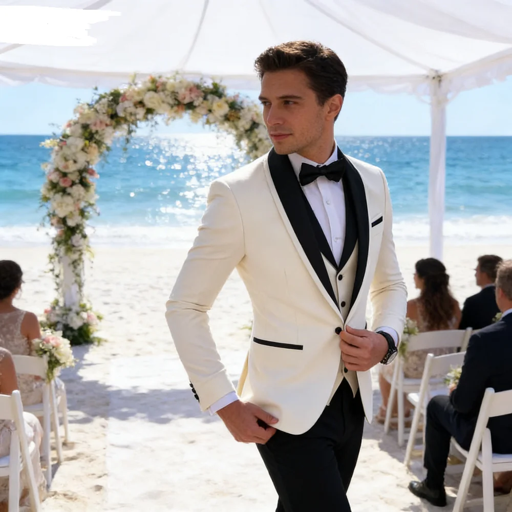 

Men's Casual Slim Fit Tuxedo 3-Piece Set - Solid Color Business Formal Suit with Shawl Lapel One-Button Blazer Vest Pants