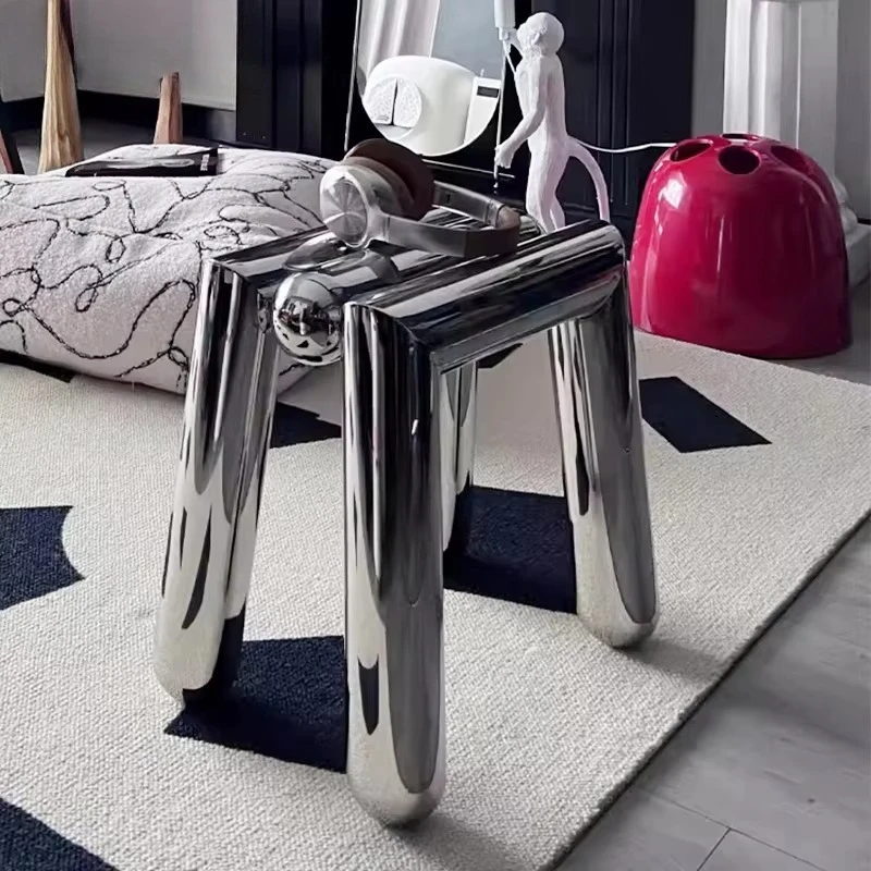 Modern Stainless Steel Ottoman Stool for Home Entry Sliver Metal Stool for Living Room