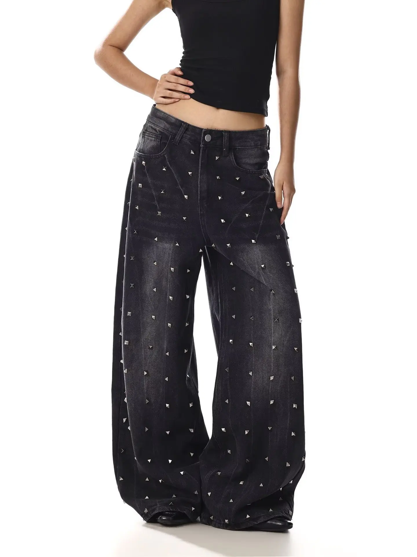 American Style Streetwear Rivet Denim Pants Women Loose Versatile Retro High Waist Wide Leg Jeans New Casual Straight Trousers