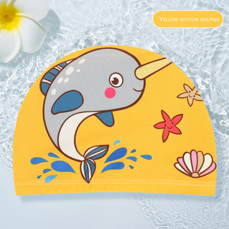 Gorros de natación para niños, niños y niñas, lindos sombreros de playa de dibujos animados, cómodos sombreros de tela, gorros de natación