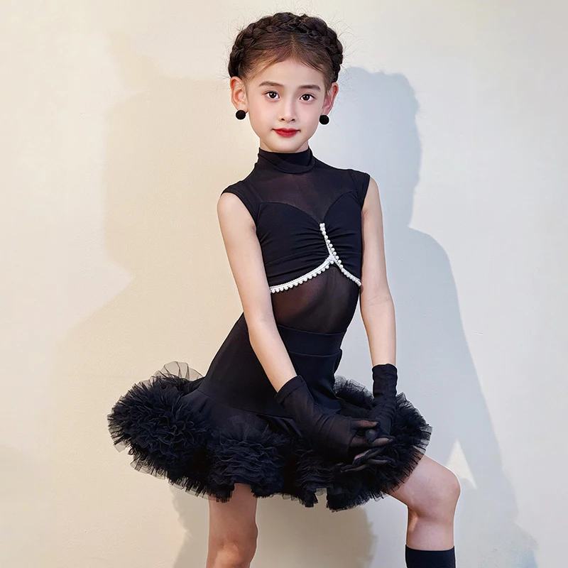Kids Girls Latin Dance Dresses Mesh Sleeveless Bodysuit and Chiffon Tutu Skirt Dancewear Ballroom Training Competition Costume