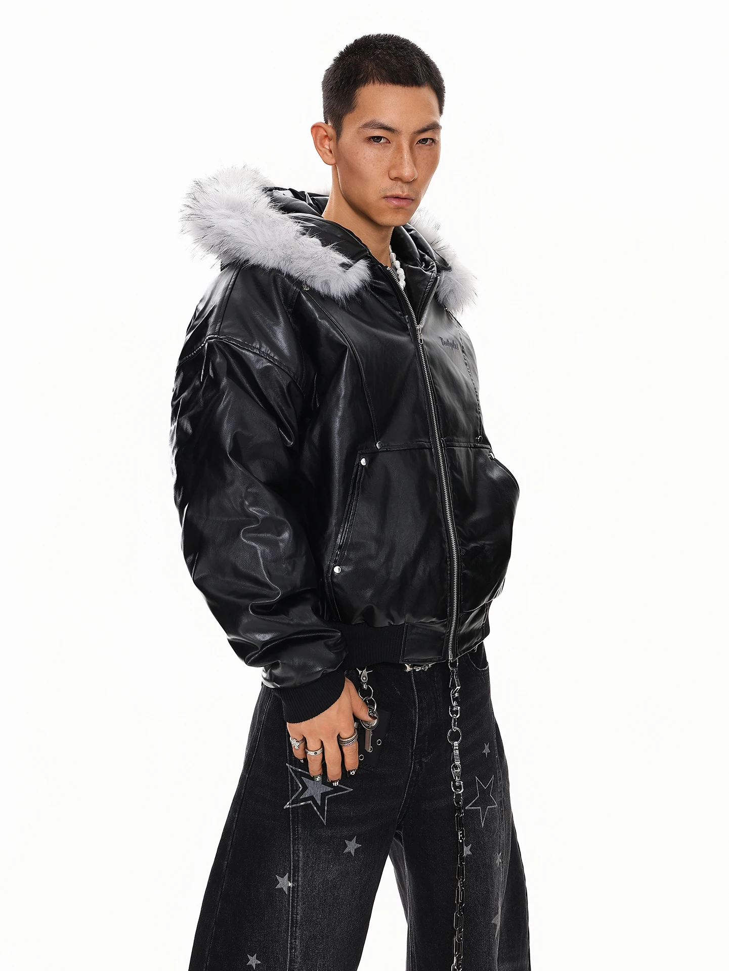 Men's 2025 Winter New Cotton Jacket Fashion Detachable Fur Collar PU Parka Cotton Coat