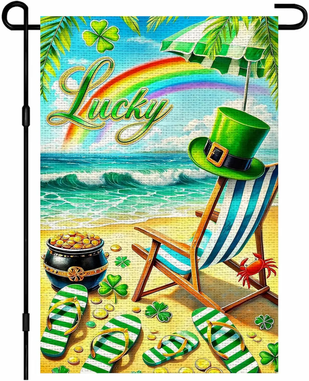 IVN St Patricks Day Garden Flag 12 x 18 Inch Double Sided Burlap Lucky Hat Flags Beach Chair with Rainbow and Gold Pot Bless ZZM