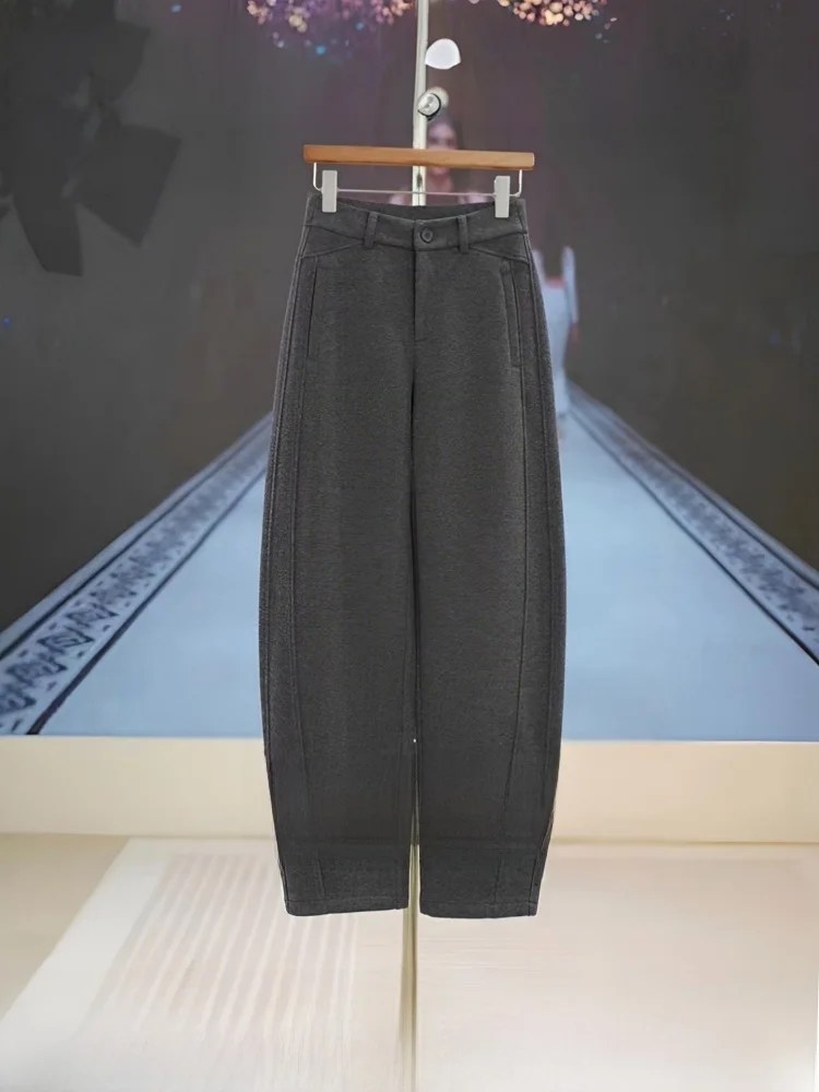 Calças Femininas de Lã com Corte Reto e Cintura Alta, Estilo Casual, Cor Pura, Versão Coreana