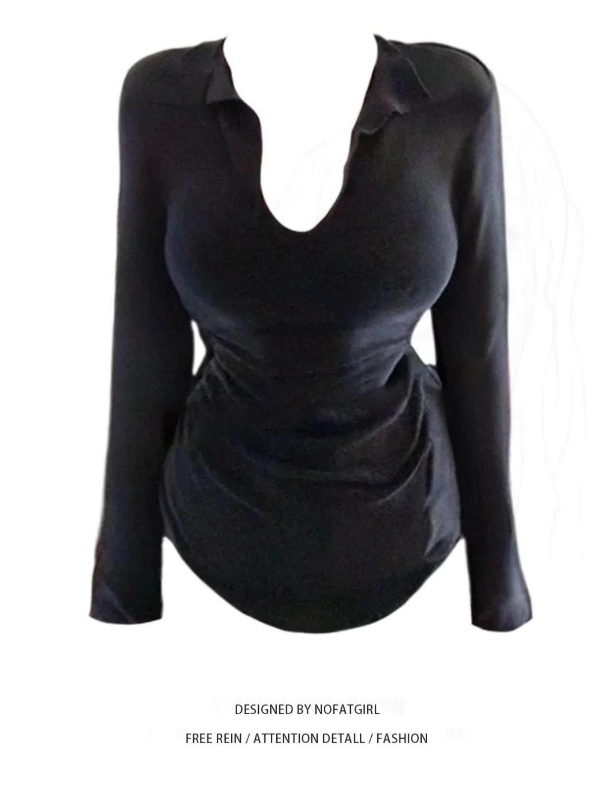 

plus Size Women's Bla V-Ne Long Sve T-irt Slimming Base Layer irt Korean Sle Commute Wind Pure Desire Sle