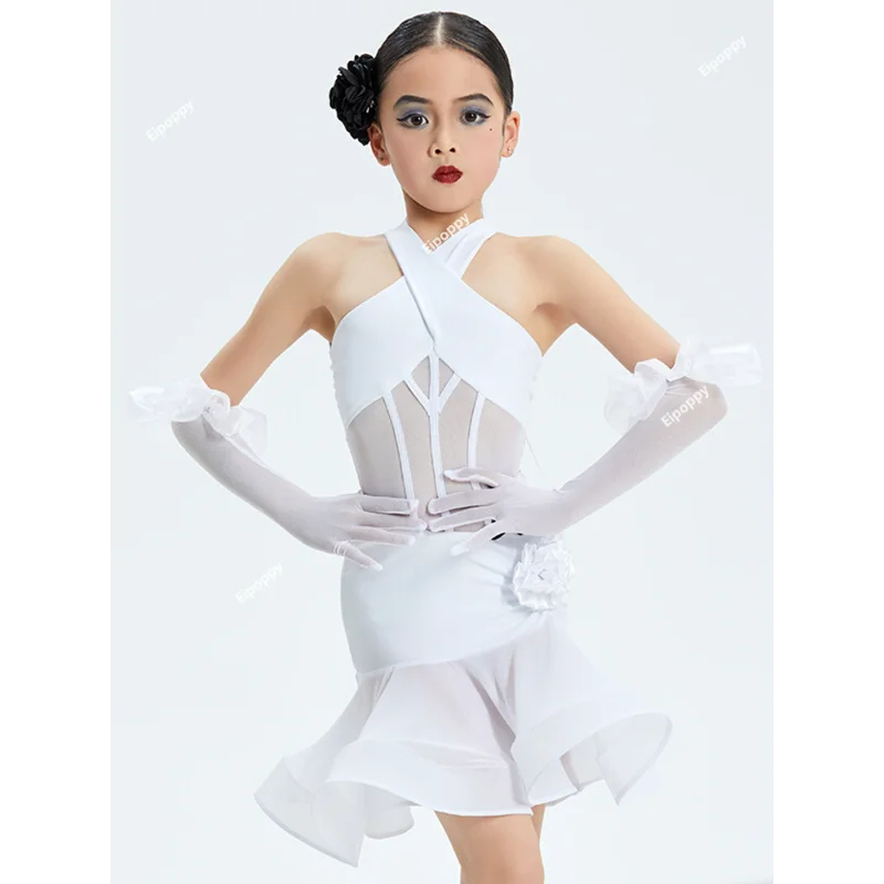 

New Girls Latin Dance Competition Dress White Suit Halter Neck Performance Costume Kids Rumba Ballroom Dance Dress