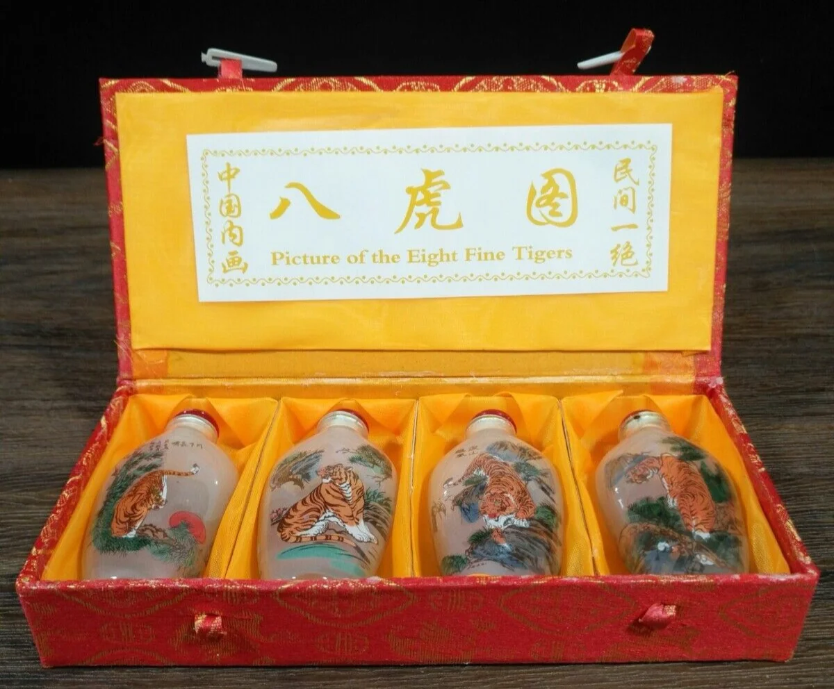 

Chinese Traditional Colored Glaze Snuff Bottle Set of 8 with Tiger Design Artifacts Home Decorative Pieces