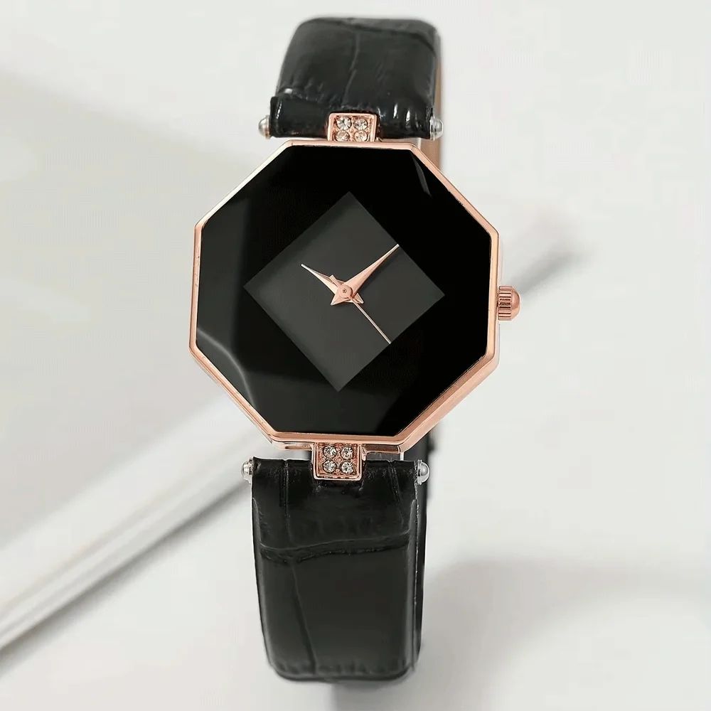 1 قطعة مؤشر مضلع عادية كوارتز ساعة فاخرة حجر الراين التناظرية بولي Leather ساعة يد جلدية و 5 قطعة مجموعة مجوهرات ، هدية لأمي/لها