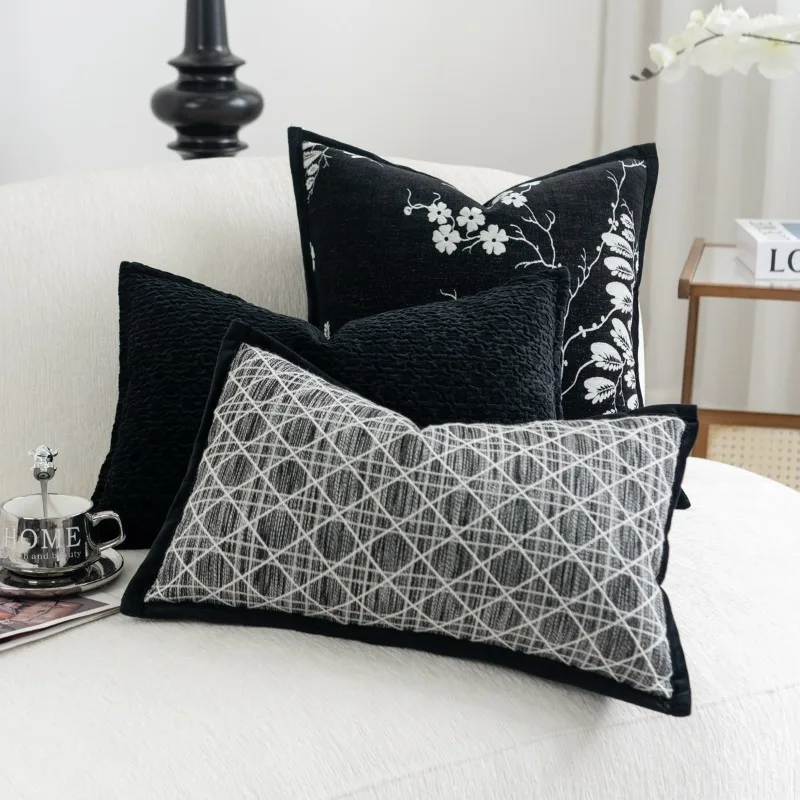 Elegant Black and White Jacquard Cushion Cover Textured Woven Decorative Throw Pillow Case with Contrast Edge for Couch Sofa