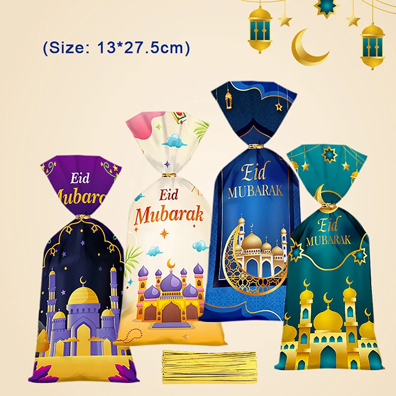 50pcs Eid Mubarak Gift Bags Plastic Cookie Candy Bag Ramadan Kareem Decor 2024 Islamic Muslim Eid Al-fitr Party Supplies