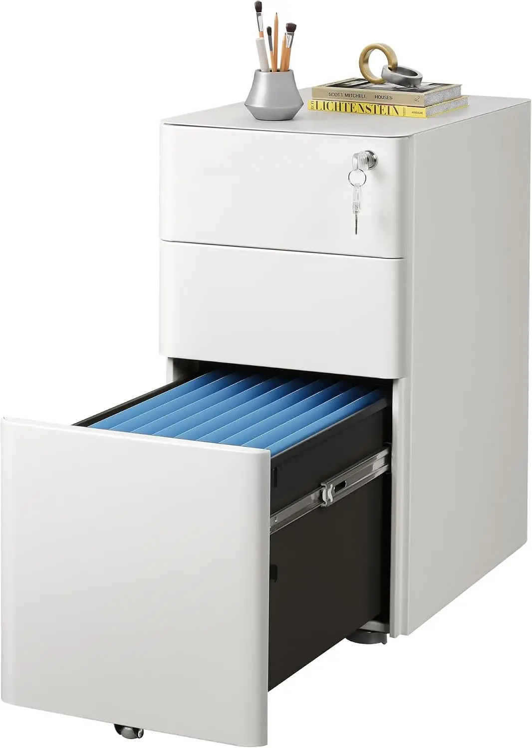 3 Drawer File Cabinet, Slim Metal Filing Cabinet with Lock, Under Desk Storage Cabinet for Letters/Legal/A4, Fully Assembled Exc