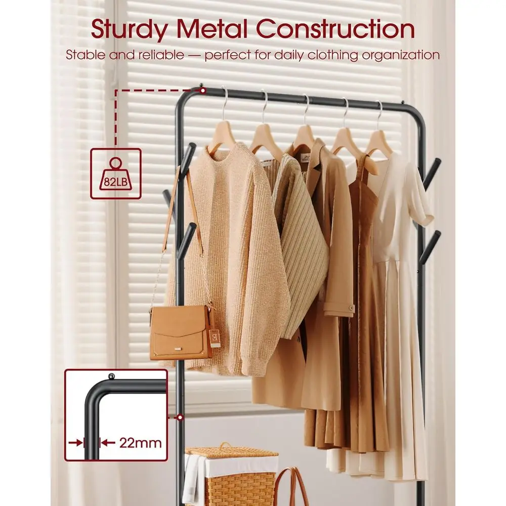 Perchero Metálico con Estante Inferior, Perchero Portátil, 6 Varillas Laterales, Perchero con Ruedas para Colgar Ropa, Dormitorio, Lavadero