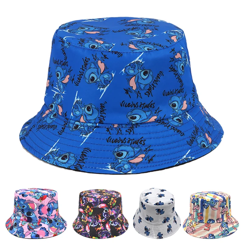 Disney Stitch หมวกแฟชั่นผู้ชายผู้หญิงพิมพ์ Sun หมวกการ์ตูนฤดูร้อนครีมกันแดดกลางแจ้งหมวก Casual หมวกชาวประมงของขวัญ