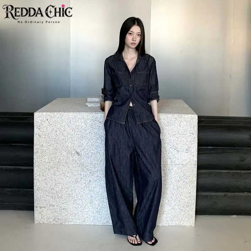 ReddaChic Minimalist Women Shirt Pant Matching Set Office Single-breasted Blouse Carrot Fit Palazzo Pants Vintage Autumn Clothes