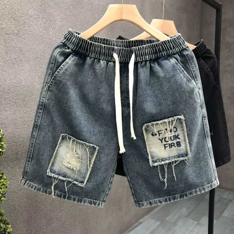 

Large Size American Retro Patchwork Denim Shorts Men's Summer Worn out Hole Five Parts Straight Leg Jeans Casual Loose Fit