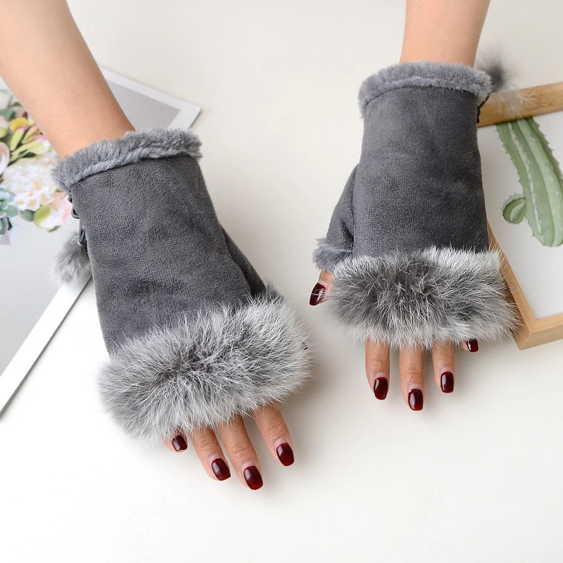 Warm Thick Cashmere Half Finger Gloves Winter Women Suede Gloves Female Rabbit Hair Wrist Fingerless Gloves Typing Mitten