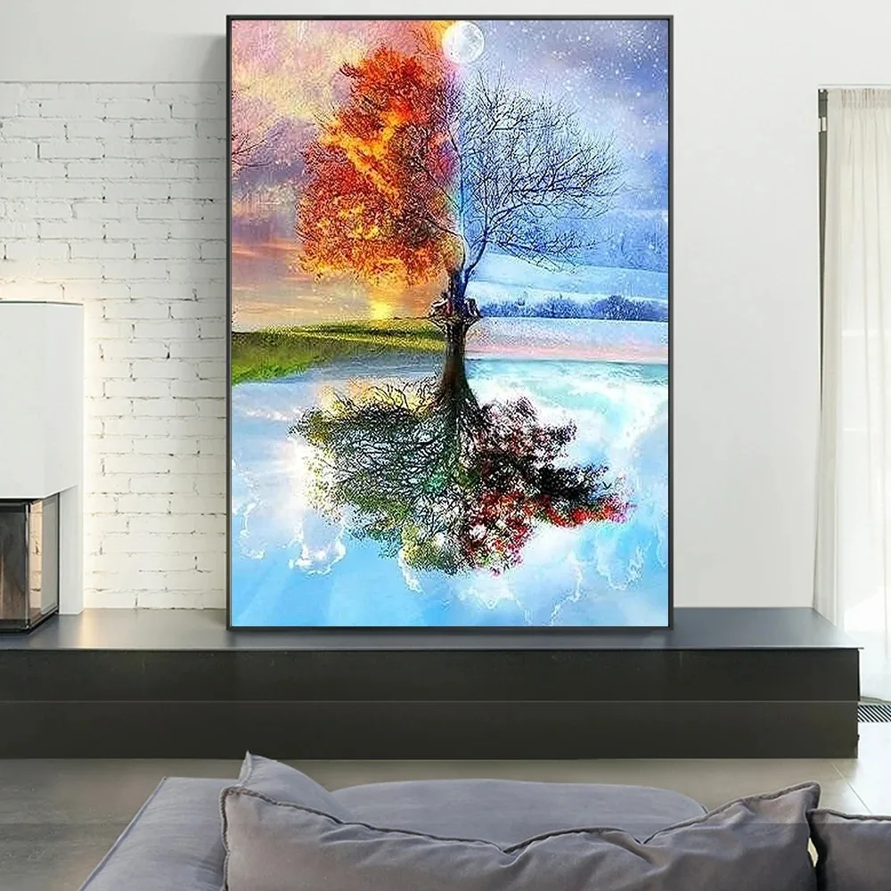 Abstract Tree Of Life Poster Prints For Living Room Home Decor Modern Four Season Tree Landscape Canvas Painting Wall Art