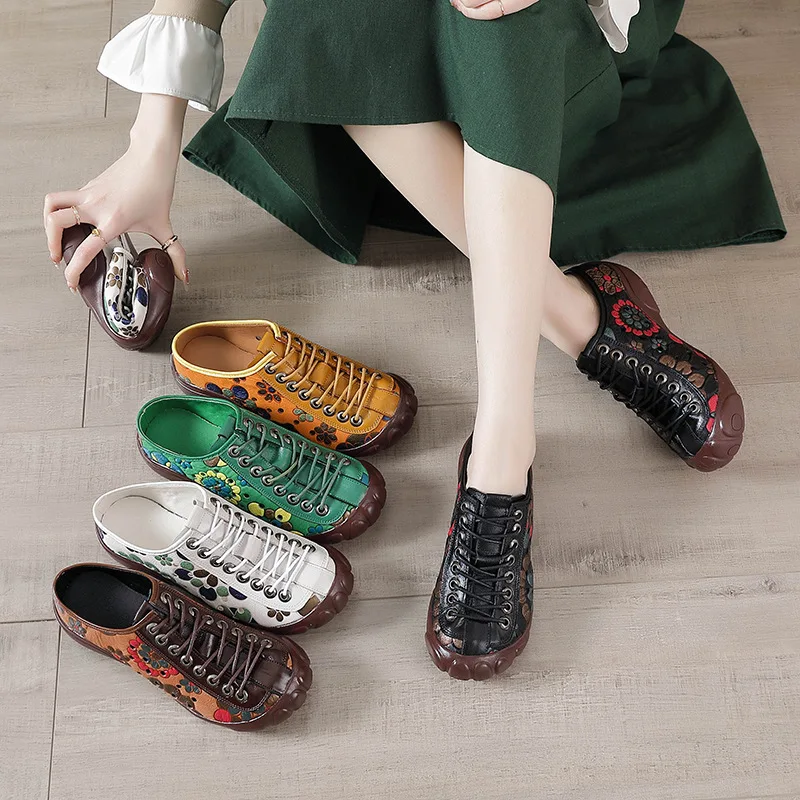 Xiuteng Printed Genuine Leather Hollowed Shoe With Breathable Holes For Woman Sandals Casual Sneakers Flats