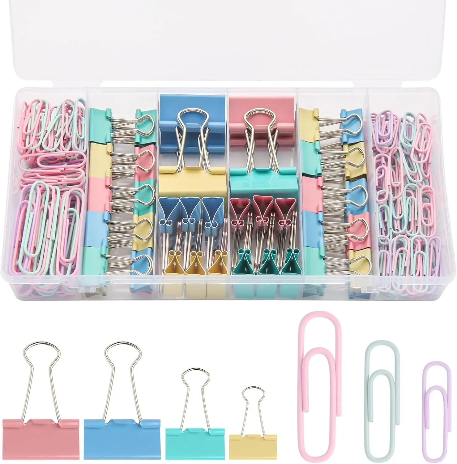 

240PCS Colored Assorted Paper Clips and Binder Clips Set, Large Medium Small, for Office School Home Supplies in Storage Box