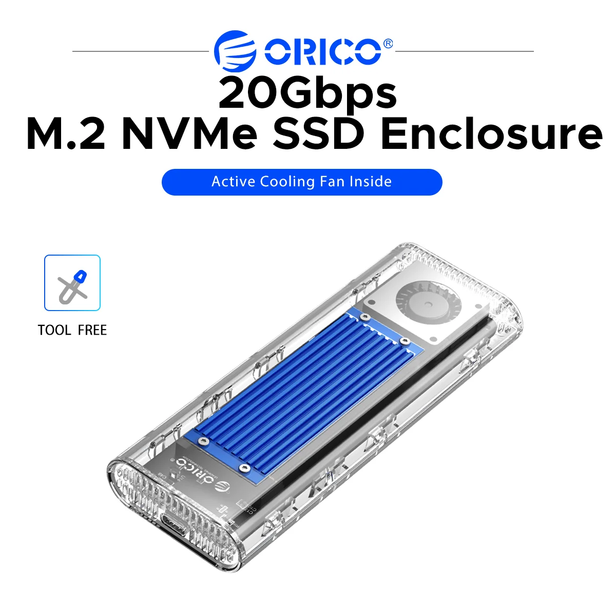 ORICO 20Gbps M.2 NVMe SSD Enclosure with Cooling Fan, USB3.2 Gen2x2 Type-C External SSD Case Tool-Free for 2230 2242 2260 2280 M