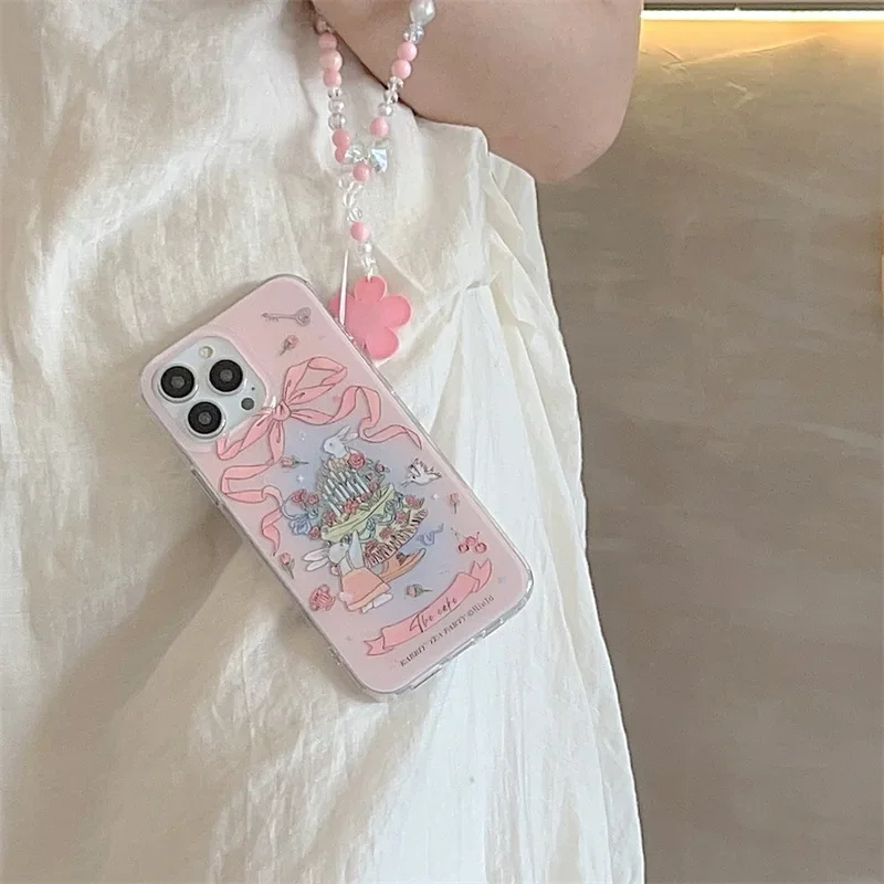 Ins Bow Cake Bunny  Phone Case for IPhone 15 14 Plus 14 13 12 11 Pro Max with Chain Silicon Clear Cute Protective Cover