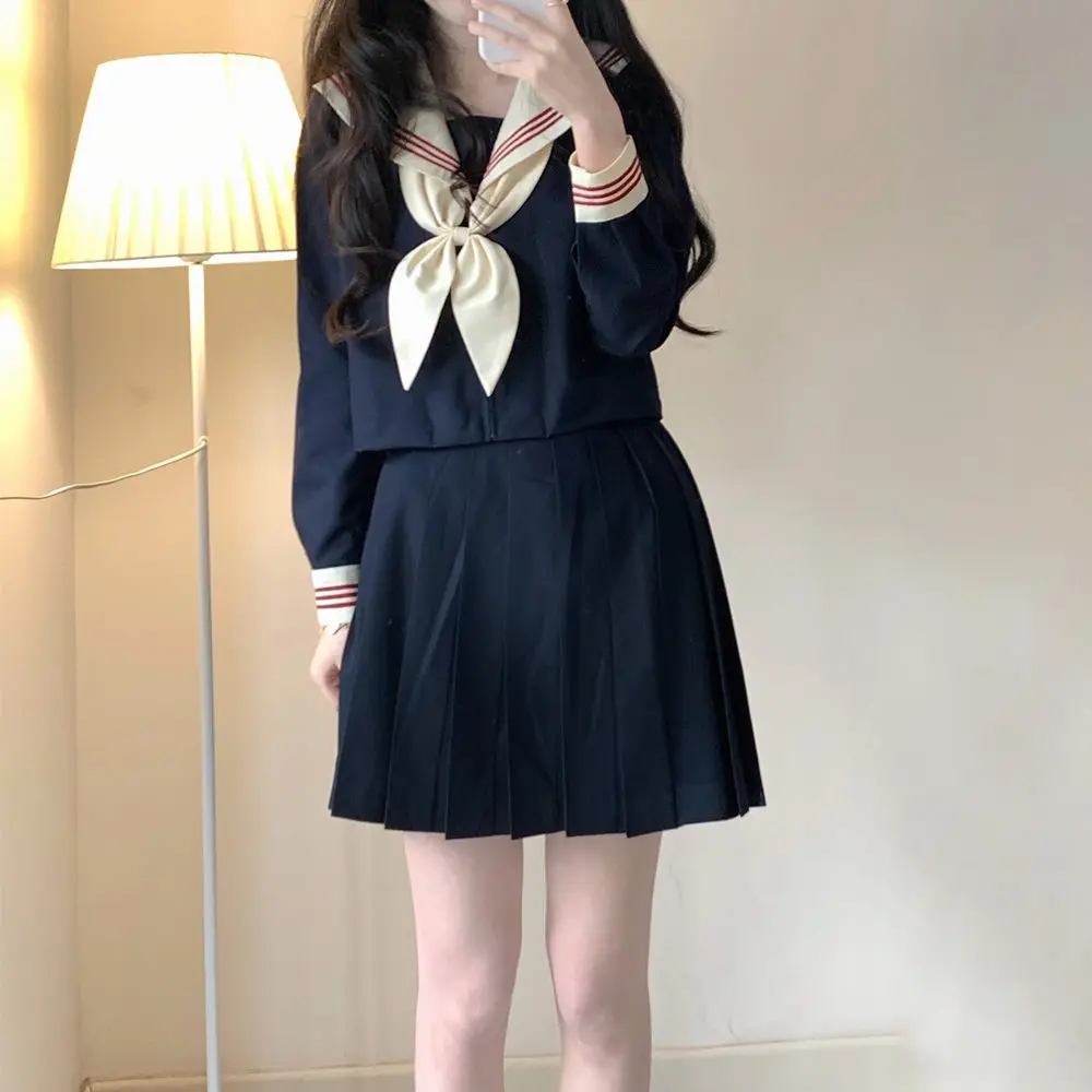 Zoete Japanse JK Leeftijdsverlagende College Marine Kraag Lange Mouw Los Shirt Lente Herfst Meisjes Mode Losse Geplooide Rok Sets