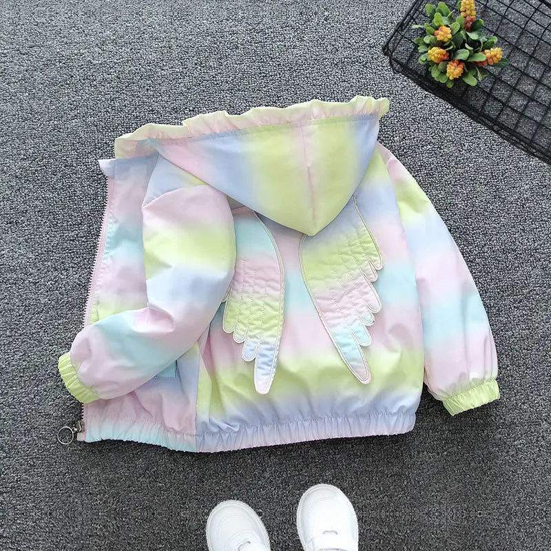 

Girls Wing Design Zip Jacket Hooded Trench Lightweight Kids Coats Windbreaker Casual Outerwear