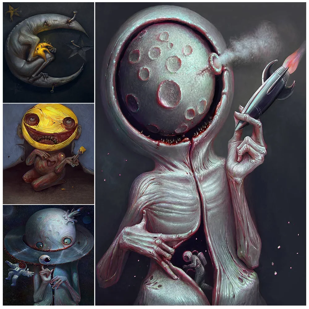 

Creepy Planet,Horror Gothic Wall Art,Canvas Painting,Sun And Moon Personification Art Poster And Print Home Decoration Unframed