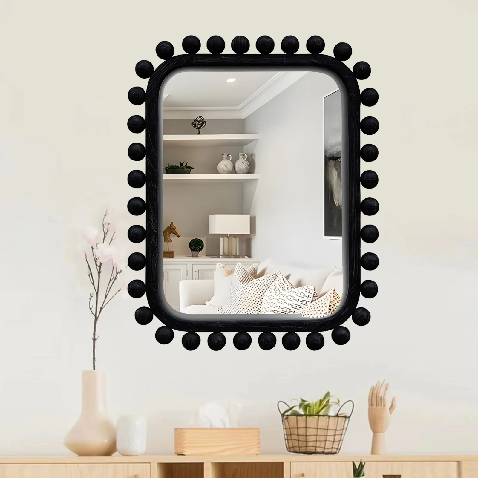 Nordic style black rectangular wooden living room entrance decorative mirror, modern light luxury wall hanging, home decoration