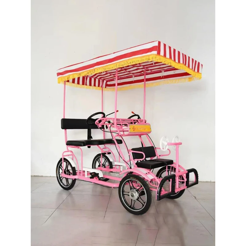 Four-wheel raised canopy double bicycle multi-person riding four-person handbrake bicycle