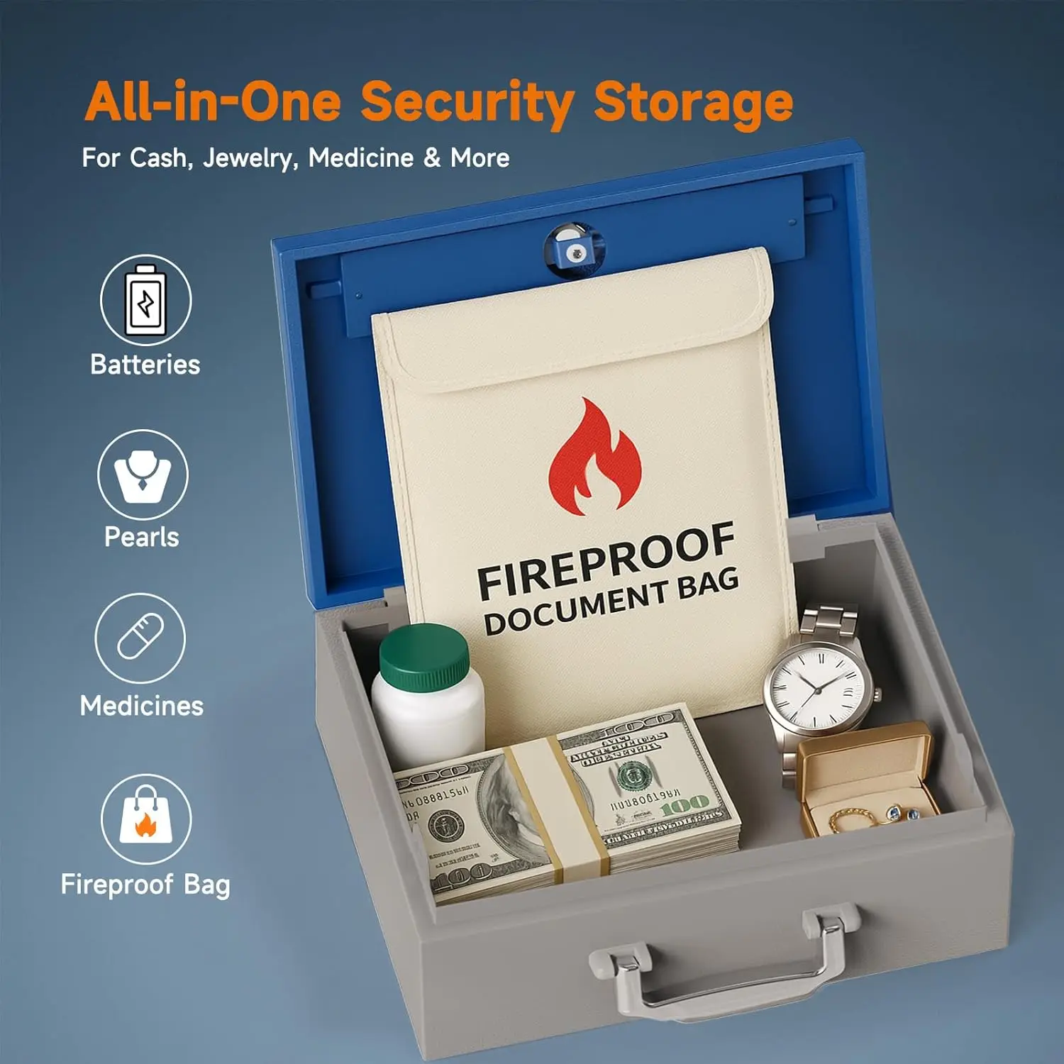 WeHere Locking Safe Box with Key, Heavy Duty Metal Lock Box for Cash, Documents, Valuables, Fireproof Bag, Portable Security Box