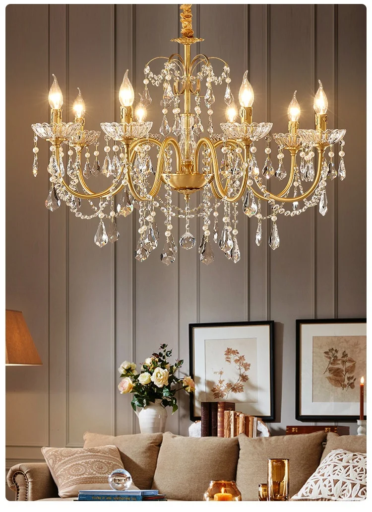 European Crystal E14 Chandelier French Gold Candle Pendant