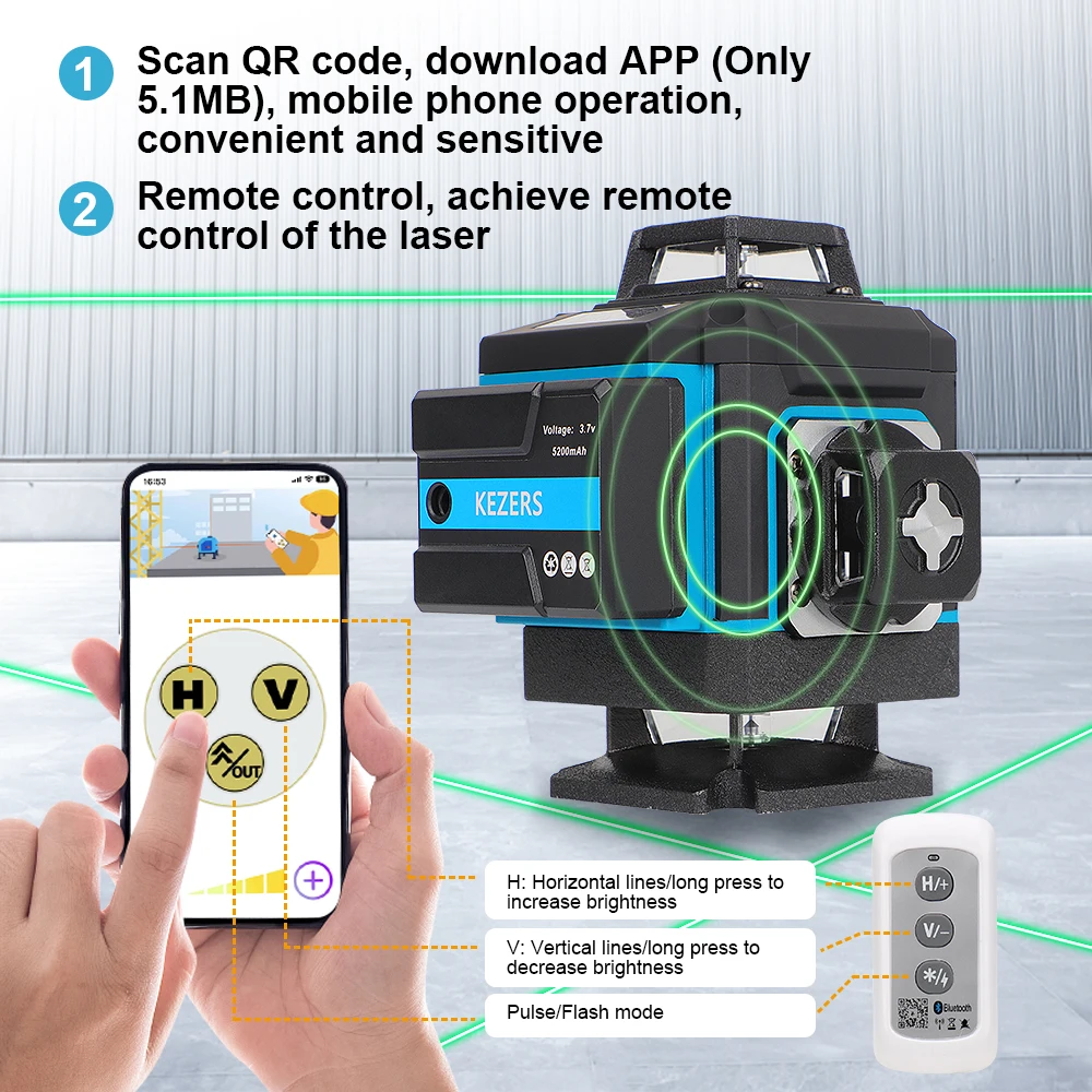 KEZERS Digital Green Laser Level 16 Lines 4D 360 KL4D-03GM 5200mAh Li-ion Battery Metal Window/Base Suitcase with Receiver