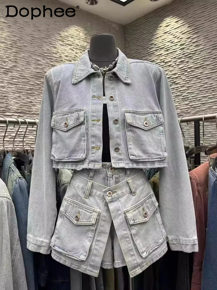 Tooling Style Pocket Short Denim Jacket Female 2024 Spring New Street Style High Waist Culottes Two Piece Sets Women Outifits