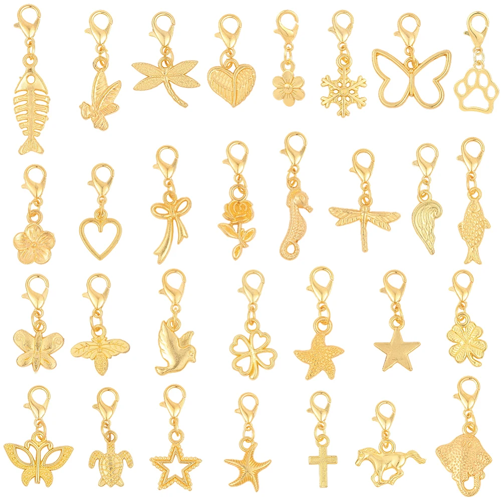 1 Box 64Pcs Click On Charms Dangle Charms with Clasp Locking Stitch Marker Gold Heart Butterfly Star Pendants for Jewelry Making