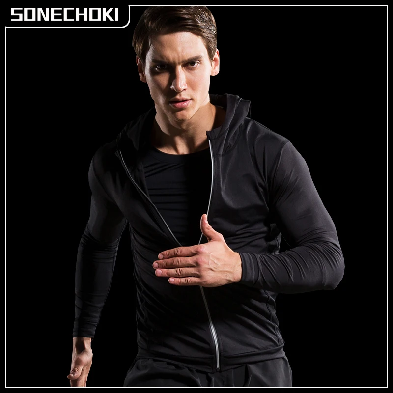 Chaqueta para correr para hombre, ropa deportiva reflectante de manga larga con cremallera completa y capucha para hombre, ropa de gimnasio, Fitness, baloncesto, Top de secado rápido