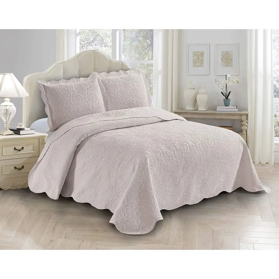 

3pc Embossed Coverlet Bedspread Set Oversized Bed Cover Solid Floral Daisy Pattern New Allis Full Queen, Beige