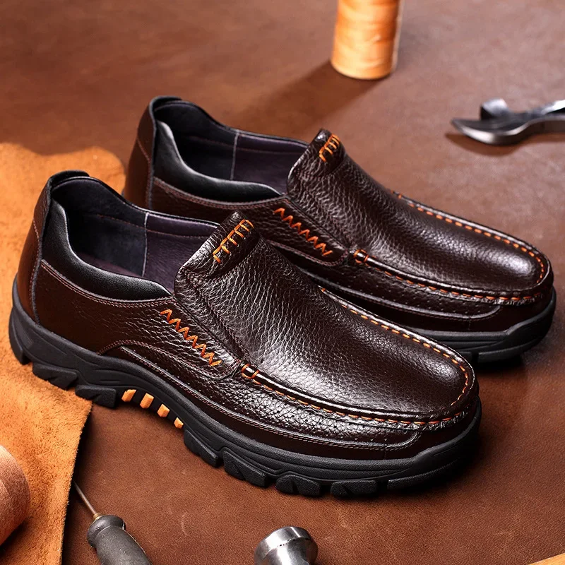 Newly Men\'s Genuine Leather Shoes Size 38-46 Head Leather Soft Anti-slip Driving Shoes Man Spring Business Dress Shoes