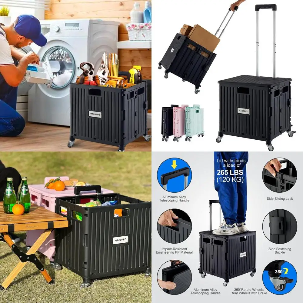 

Складная тележка на колесиках с крышкой и 4 поворотными колесами для продуктов, офиса и школы (черная)