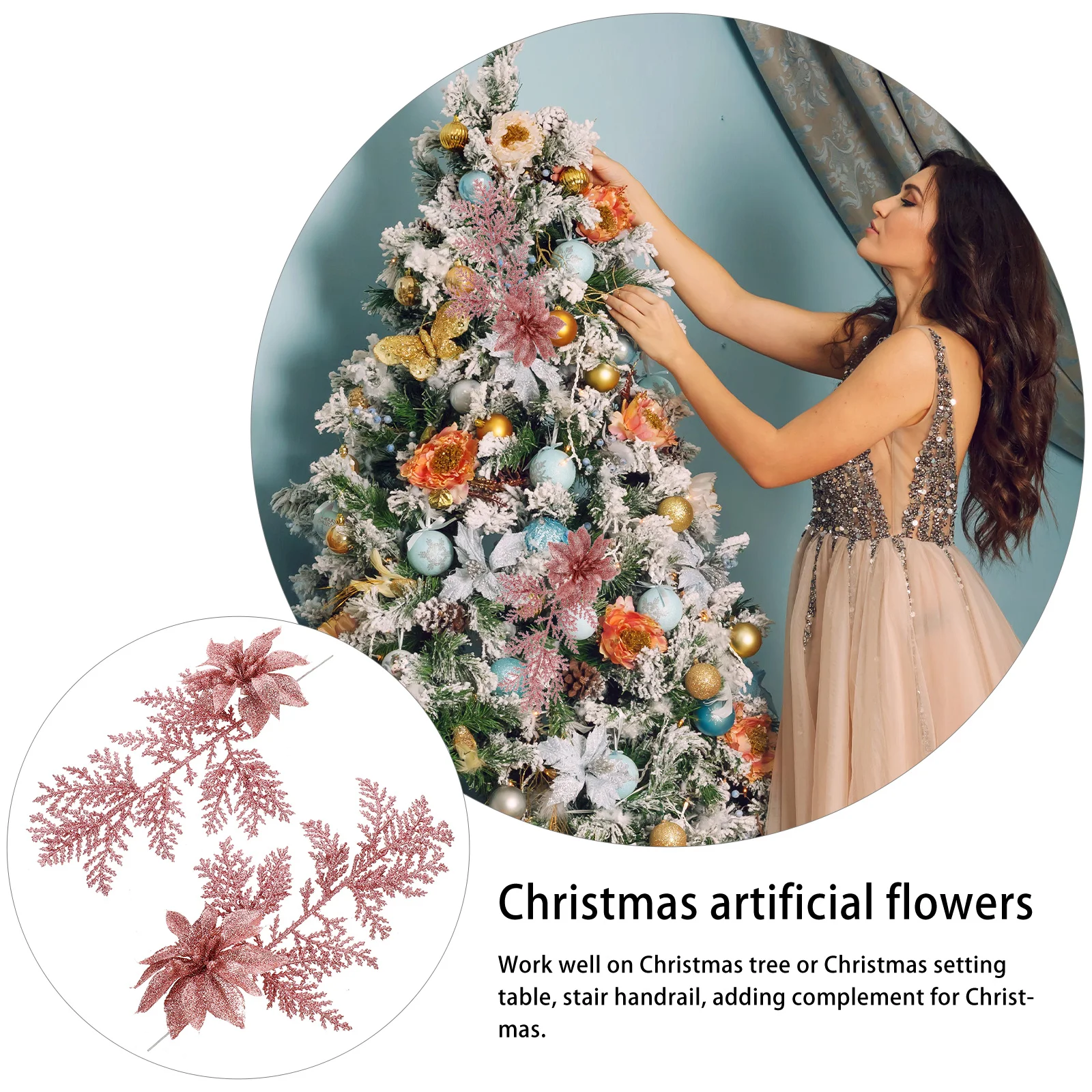 

6pcs Christmas Simulation Flower Decor Artificial Pine Branches For Tree Table Handrail Hanging Xmas Wreath Glitter Fake Flowers