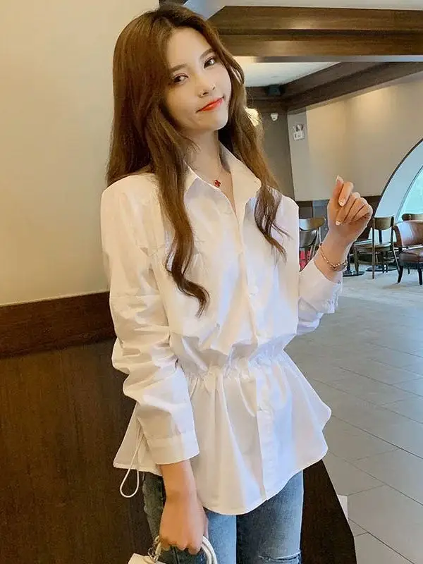 

Spring 2026 Women's Mid-Length White Shirt Loose Fit Design Sensation Casual Style Long Sleeve Collar Pure Color Button ...