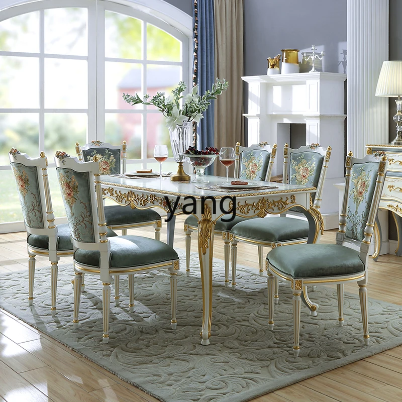 LXL Living Room Solid Wood Carving Dining Tables and Chairs Set Romantic Hand Painted Flower Drawing Gold Foil Dining Table