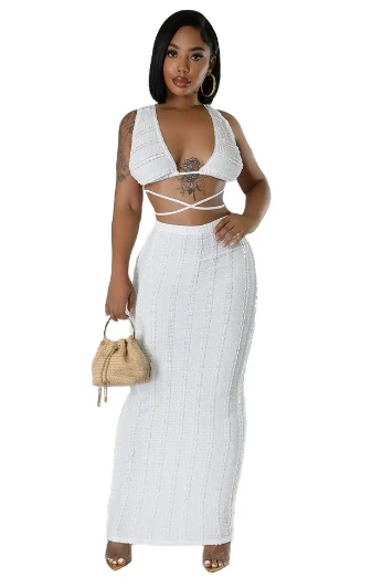 Women's cowhide lace sleeveless shoulder strap back skirt set fashionable and sexy 2025 summer new women's clothing