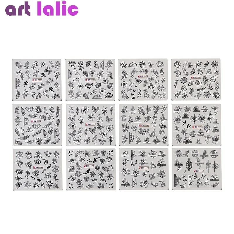 Ensemble d'autocollants mixtes pour ongles, 24 pièces, transfert d'eau, fleur noire, encre colorée, Design d'oiseau, autocollants pour Nail Art, DIY bricolage, pour la décoration