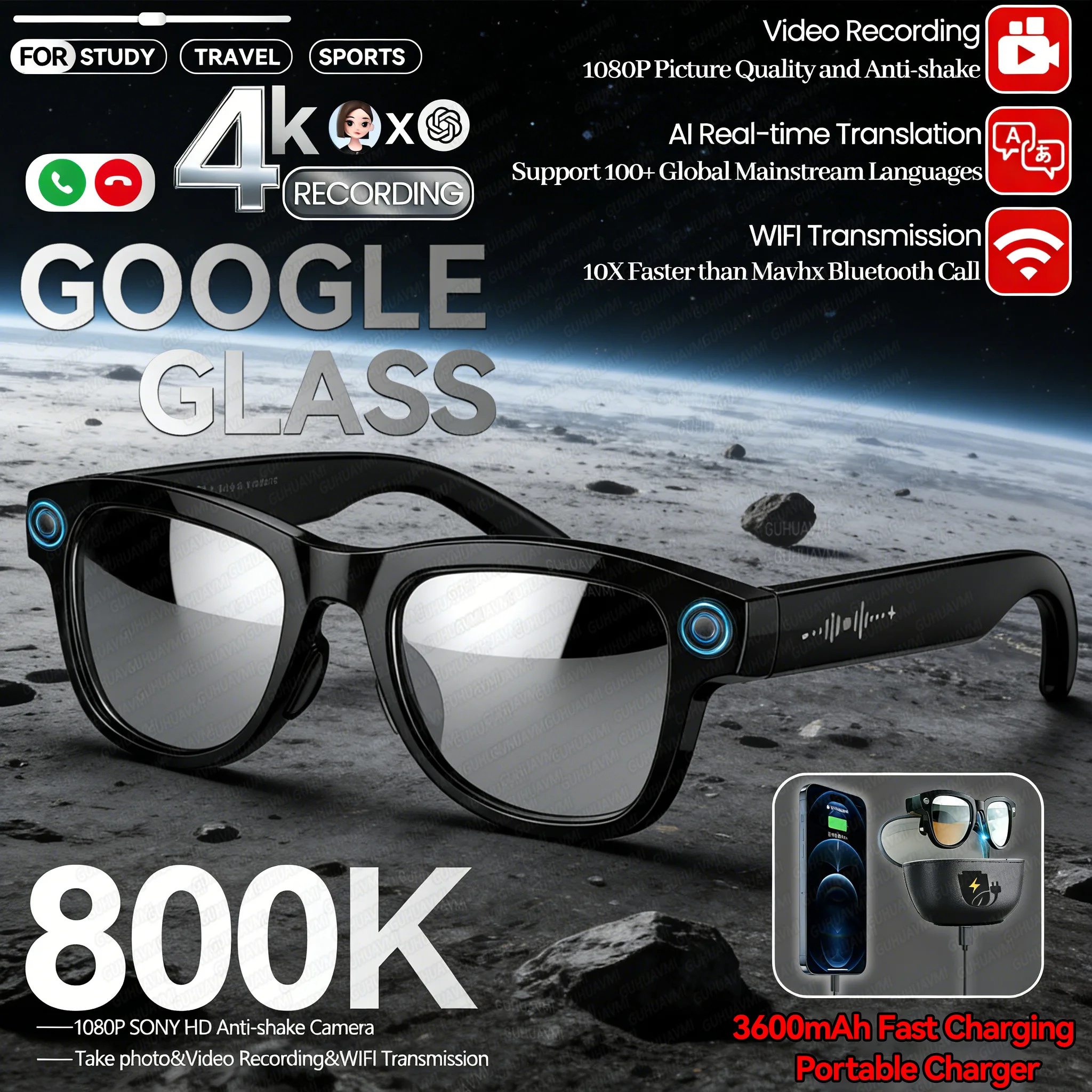 

4K AI Smart Camera Sunglasses Men 800W Pixel ChatGPT Translation Voice Control WiFi Bluetooth HD1080P Shooting AI Glasses Women