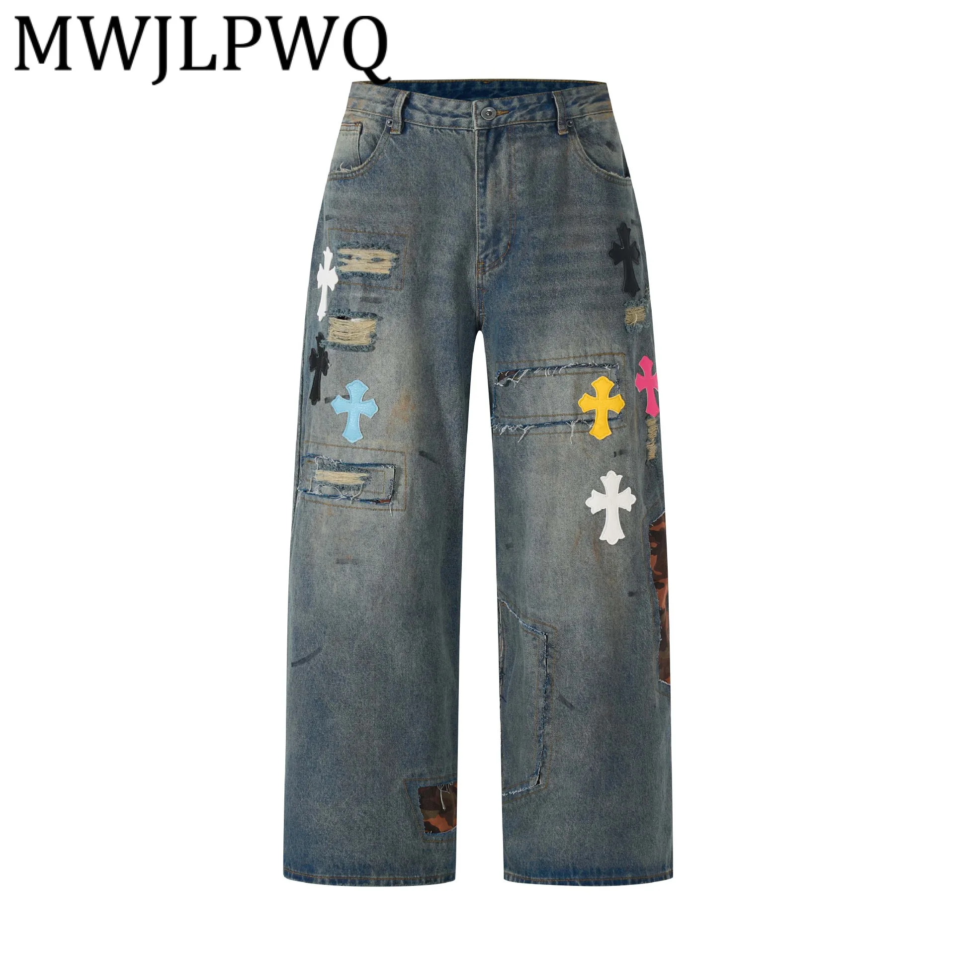 

MWJLPWQ трендовые рваные джинсы с вышивкой и нашивкой, мужские свободные прямые длинные брюки High Street, индивидуальные шикарные длинные брюки 12304