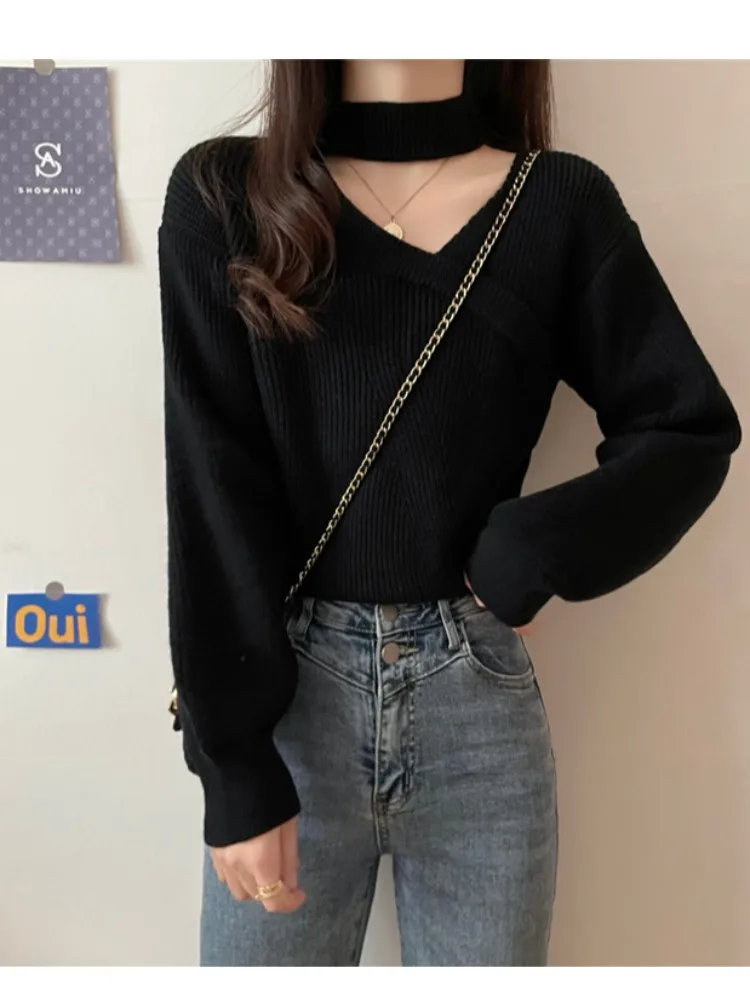 فضفاض ort محبوك سترة المرأة لون نقي أعلى فانوس Sve غير المتكافئة طوق الكورية Sle الخريف Faion لباس غير رسمي #1