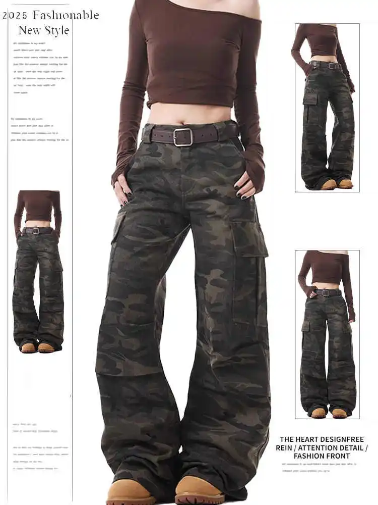 

Military Green Womens Jeans High Waist Vintage Straight Baggy Y2K Denim Pants Hip Hop American Fashion Wide Leg Denim Trouser