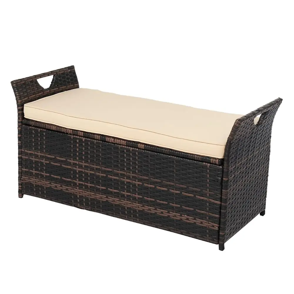 

40 Gallon Wicker Storage Bench, Patio Cushion Storage Box Designed With Side Handles, Rattan De Box For Garden Tools, Cushions,