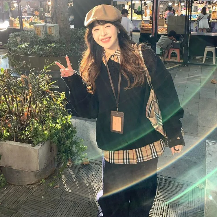 

Loose Women's Bla V-Ne Sweater Spring Autumn Korean Sle College Faion Knitted Top Comfortable Casual High-End Feeling